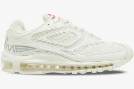 Side view of the Nike Air Max 98 TL x Supreme sneaker in a clean all-white colorway. - SKU DR1033-100
