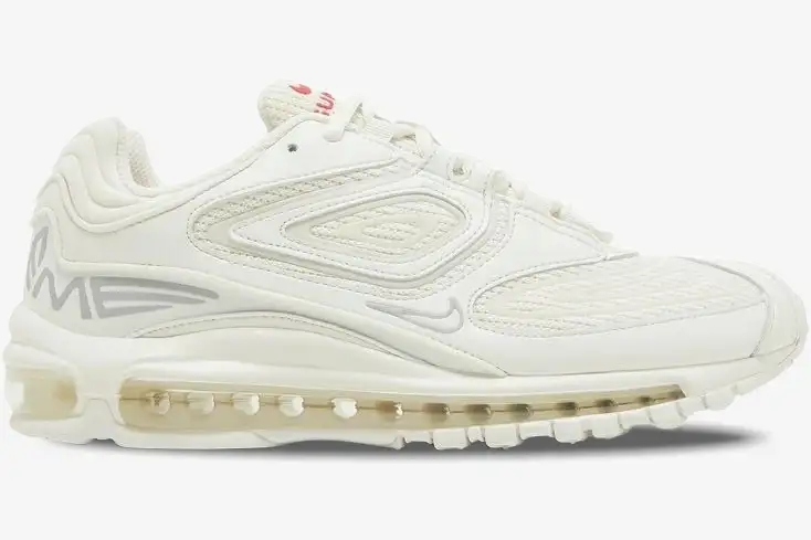 nike-air-max-98-tl-supreme-white-side-view-dr1033-100-img2687 Side view of the Nike Air Max 98 TL x Supreme sneaker in a clean all-white colorway. - SKU DR1033-100