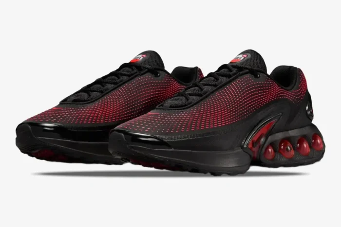 Nike Air Max DN Bred sneakers in black and university red, three-quarter front view of the pair. - SKU HV5235-002