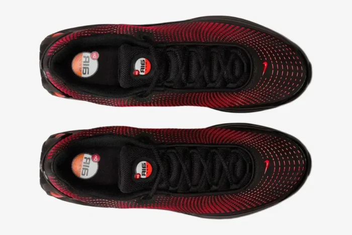 Top-down view of Nike Air Max DN Bred sneakers in black and university red with mesh uppers and black laces. - SKU HV5235-002