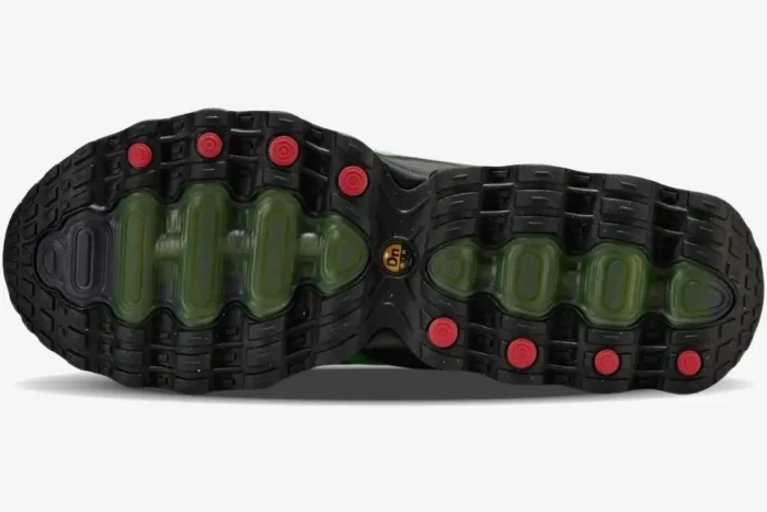 Bottom view of Nike Air Max Dn8 Black Green Strike Volt showing the textured outsole and air units. - SKU HQ4681-010