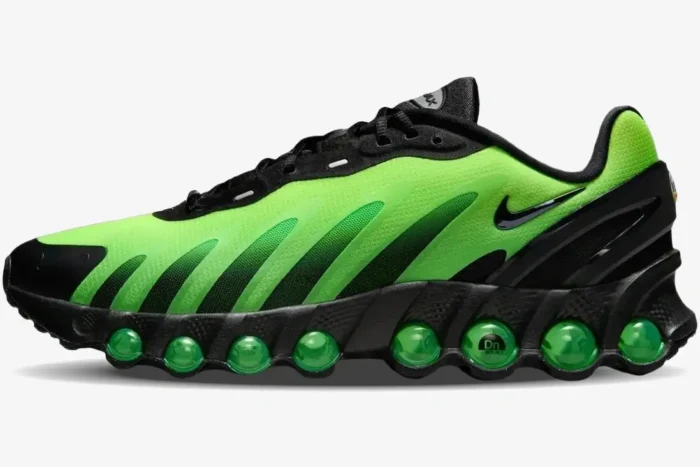 Nike Air Max Dn8 sneaker in Black Green Strike Volt, lateral side view with visible green air units. - SKU HQ4681-010