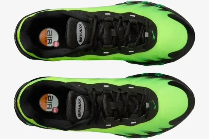 Top-down view of Nike Air Max Dn8 sneakers in Black Green Strike Volt with neon uppers and black laces. - SKU HQ4681-010