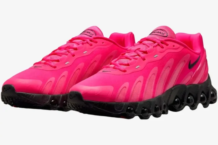 Three-quarter view of Nike Air Max Dn8 sneakers in hyper pink with a chunky black sole. - SKU FQ7860-600
