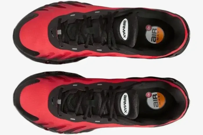Top-down view of Nike Air Max DN8 sneakers in red and black with visible insoles and laces. - SKU FQ7860-008