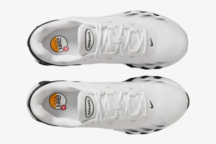 Top-down view of white and black Nike Air Max DN8 sneakers. - SKU  FQ7860-100