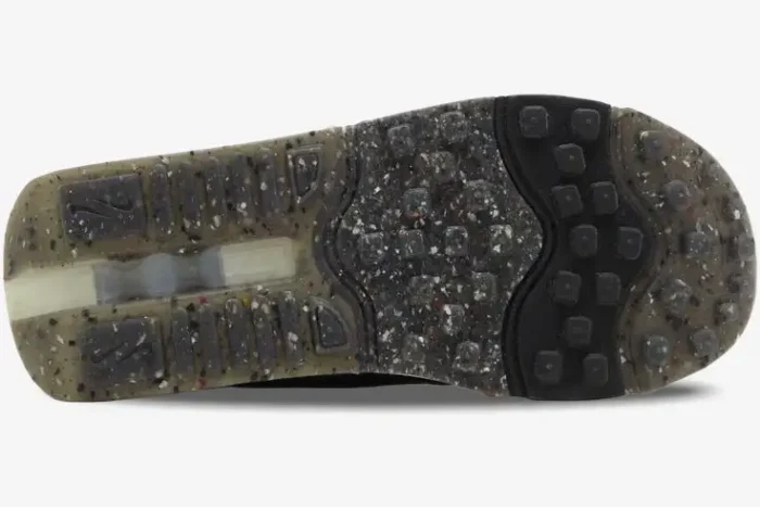 Outsole of Nike Air Max Furyosa in white, black, and blue, featuring speckled recycled rubber. - SKU CZ4149-100