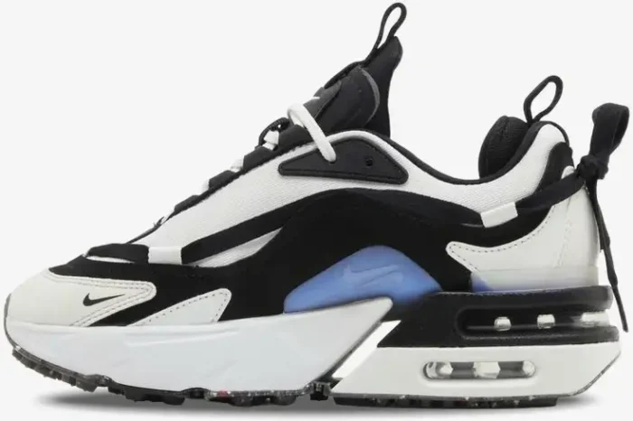 Nike Air Max Furyosa sneaker in white, black, and blue, shown from a side profile perspective. - SKU CZ4149-100