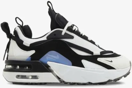 Nike Air Max Furyosa sneakers in white, black, and blue, shown from a side profile view. - SKU CZ4149-100