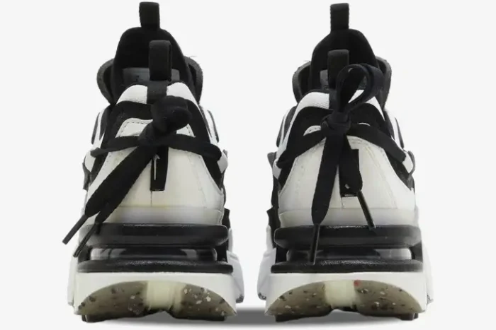 Rear view of Nike Air Max Furyosa sneakers in white and black with decorative heel laces. - SKU CZ4149-100