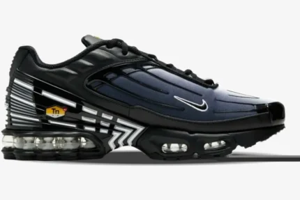 Side view of Nike Air Max Plus 3 sneakers in black, navy blue, and white with visible Air units. - SKU CD7005-003