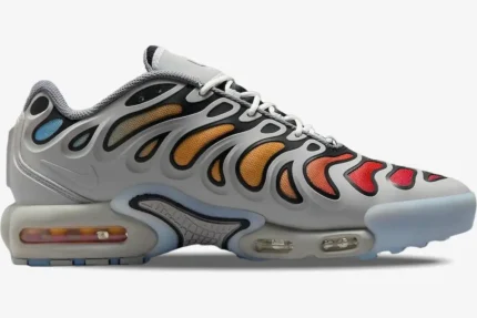 Side view of Nike Air Max Plus Drift in Smoke Grey with orange and red gradient mesh. - SKU FD4290-002