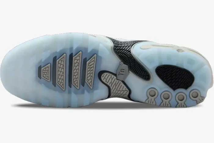 Bottom view of Nike Air Max Plus Drift Smoke Grey showing the translucent blue and grey outsole. - SKU FD4290-002