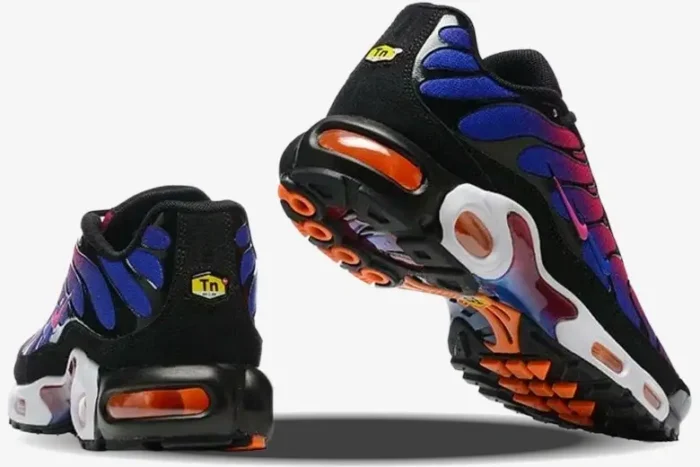 Rear and bottom view of Nike Air Max Plus x Patta x FC Barcelona sneakers in blue, red, and black with orange accents. - SKU FN8260-001