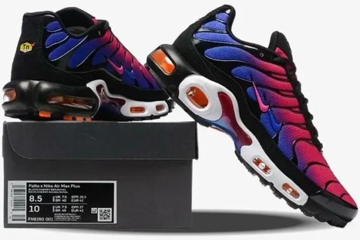 Nike Air Max Plus x Patta x FC Barcelona sneakers with red-blue gradient and black overlays, side view. - SKU FN8260-001