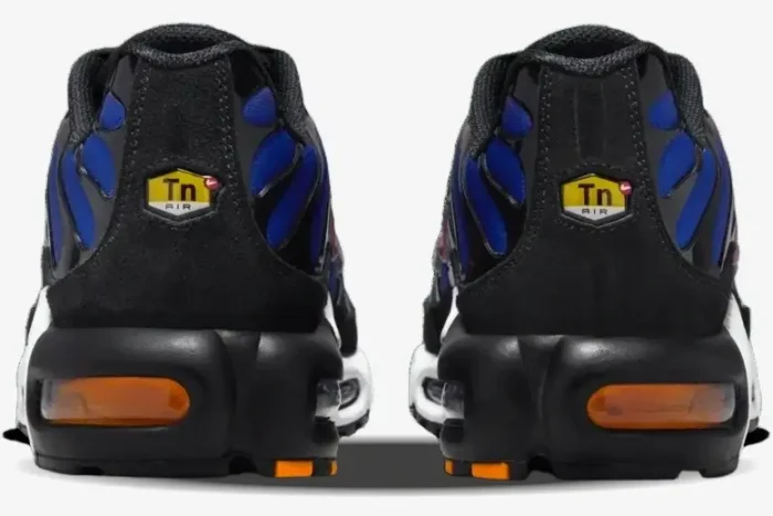 Rear view of Nike Air Max Plus x Patta x FC Barcelona sneakers in black and blue with orange air units. - SKU FN8260-001