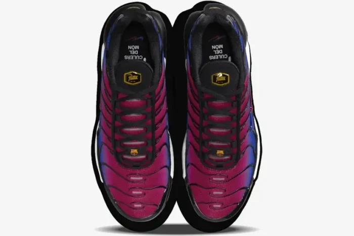 Top-down view of Nike Air Max Plus x Patta x FC Barcelona sneakers in a red and blue gradient. - SKU FN8260-001