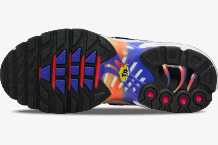 Bottom view of Nike Air Max Plus in Persian Violet and Light Wild Mango showing the colorful rubber outsole. - SKU DZ3670-003