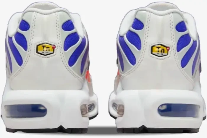Rear view of Nike Air Max Plus in Persian Violet and Light Wild Mango with white heels and Tn Air logo. - SKU DZ3670-003