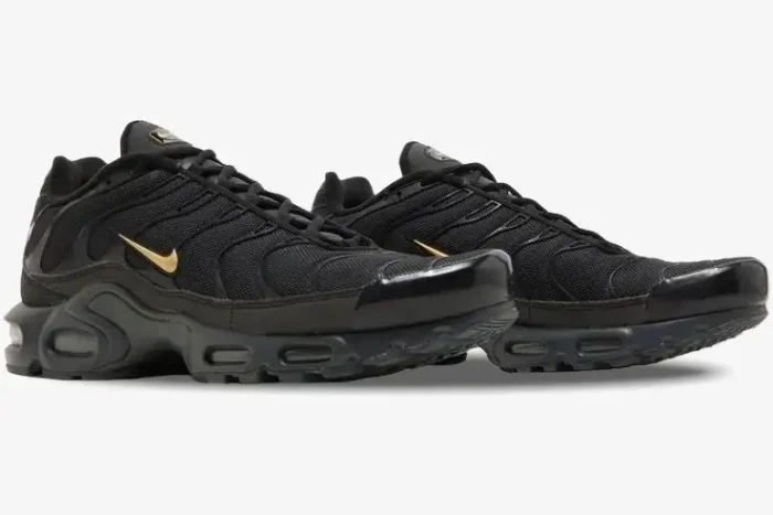 Nike Air Max Plus TN Black Gold Snakeskin sneakers shown from a side-three-quarter angle. - SKU BQ3169-002