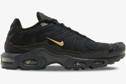 Side profile of Nike Air Max Plus TN Black Gold Snakeskin Edition sneaker with gold swoosh. - SKU BQ3169-002