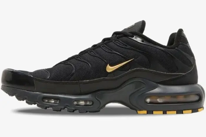Side profile of Nike Air Max Plus TN Black Gold Snakeskin Edition sneakers with a gold Swoosh. - SKU BQ3169-002
