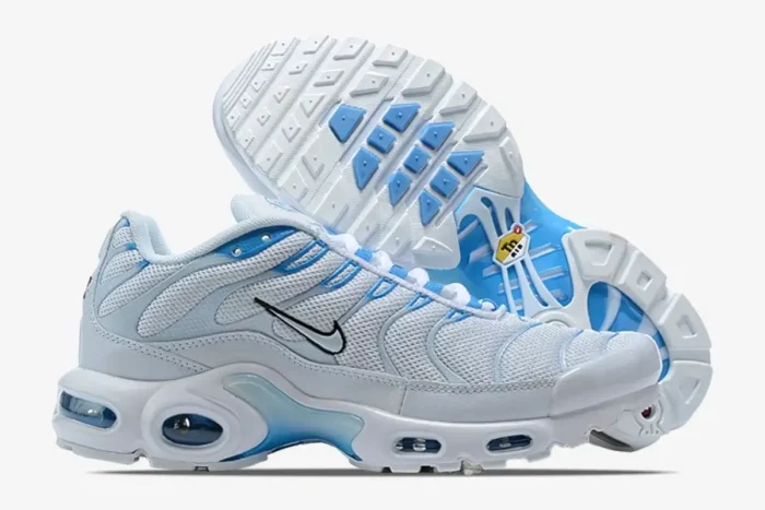Nike Air Max Plus TN Blue Fury sneakers in white and light blue, side profile and sole view. - SKU 852630-105