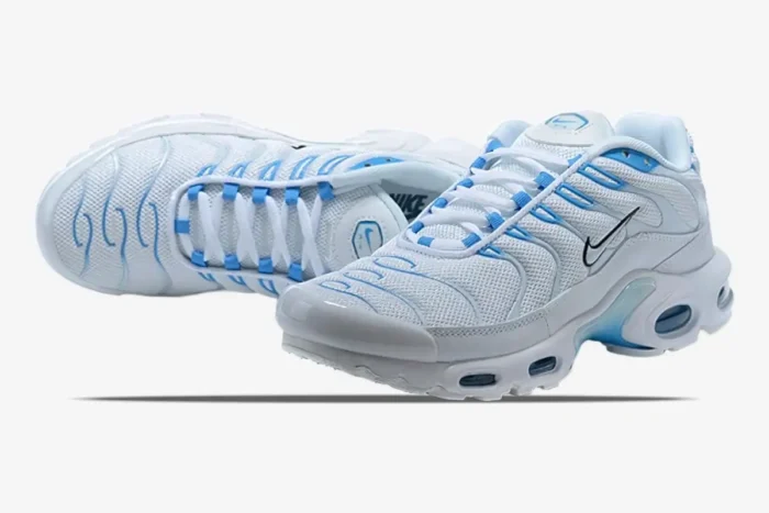 Nike Air Max Plus TN Blue Fury sneakers in white and light blue, shown from a three-quarter front perspective. - SKU 852630-105
