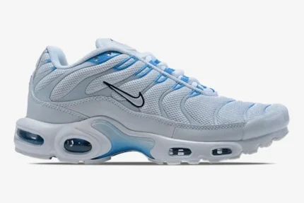 Lateral side view of Nike Air Max Plus TN Blue Fury White Blue sneakers with visible air units. - SKU 852630-105