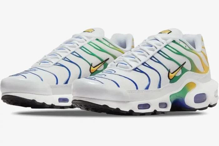 Nike Air Max Plus TN Brazil Special Edition in white, green, and blue, three-quarter front view. - SKU DZ3671-101
