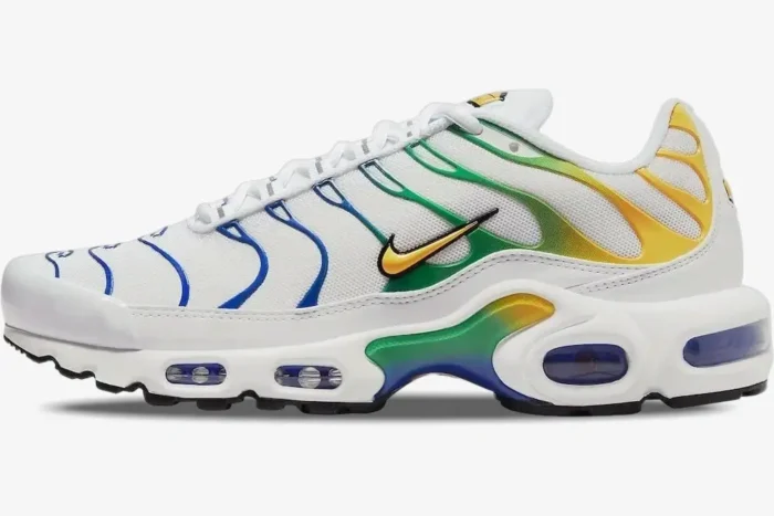 Nike Air Max Plus TN Brazil Special Edition in white with blue, green, and yellow accents, side profile view. - SKU DZ3671-101
