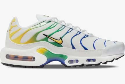 Side view of Nike Air Max Plus TN Brazil Special Edition in white with yellow, green, and blue accents. - SKU DZ3671-101