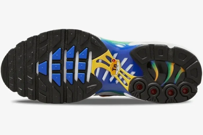 Bottom sole view of Nike Air Max Plus TN Brazil Special Edition in black, blue, and yellow. - SKU DZ3671-101