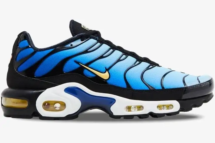 nike-air-max-plus-tn-hyper-blue-og-side-dx0755-001-374-294 Nike Air Max Plus TN Hyper Blue OG Retro sneaker side profile with blue gradient and yellow swoosh. - SKU DX0755-001