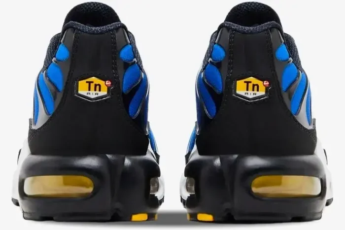 Rear view of Nike Air Max Plus TN Hyper Blue OG Retro sneakers showing the black heel and Tn Air logo. - SKU DX0755-001