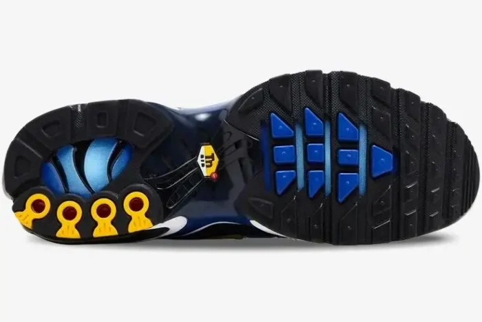 Outsole view of Nike Air Max Plus TN Hyper Blue OG Retro sneakers featuring blue and yellow accents. - SKU DX0755-001