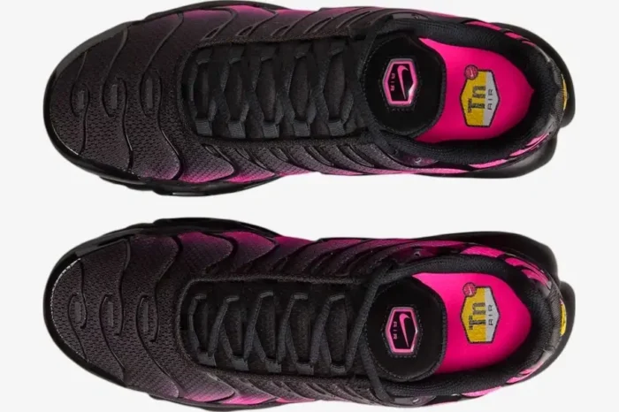 Top-down view of Nike Air Max Plus TN sneakers featuring a black and pink gradient mesh upper. - SKU DM0032-020