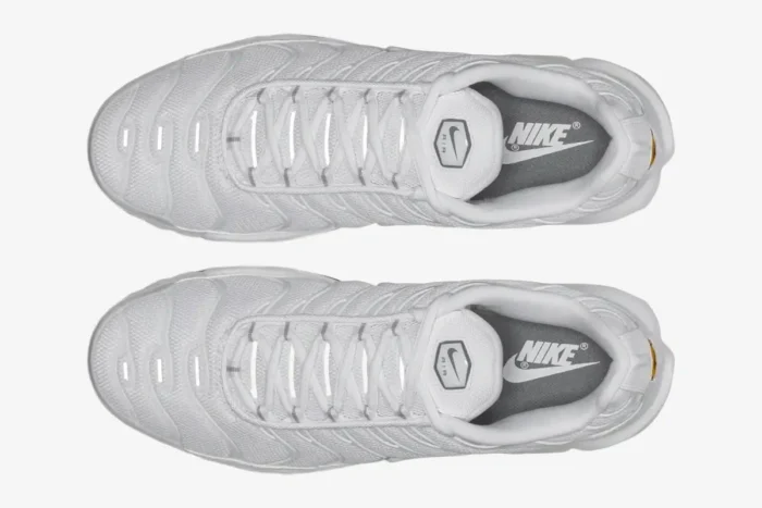 Overhead view of a pair of Nike Air Max Plus Triple White sneakers with mesh uppers and white laces. - SKU 604133-139