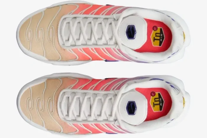 Top-down view of Nike Air Max Plus sneakers in Persian Violet and Light Wild Mango gradient colorway. - SKU DZ3670-003