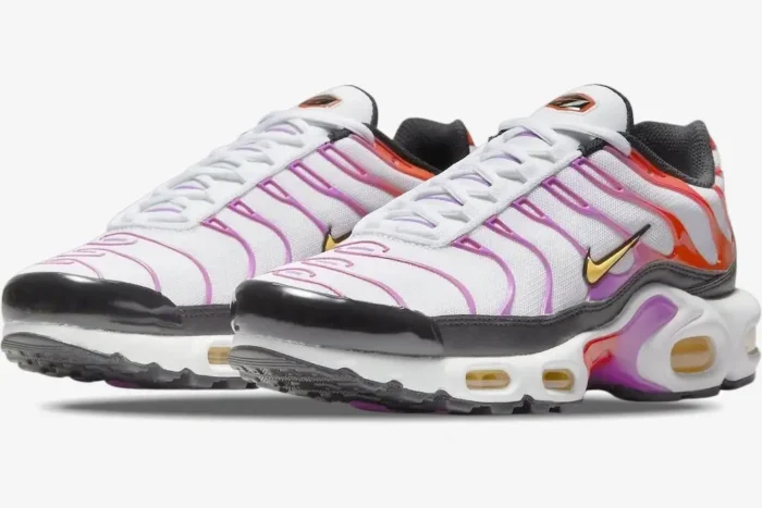 Nike Air Max Plus in white with red and magenta gradient overlays, three-quarter front view of the pair. - SKU DZ3671-100