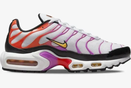 Nike Air Max Plus in White Red Magenta Gradient, side profile view showing the colorful TPU cage and visible air units. - SKU DZ3671-100