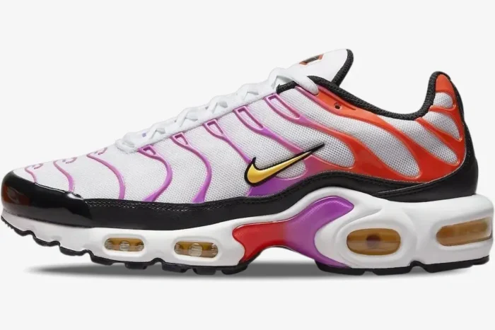Nike Air Max Plus sneaker in white, red, and magenta gradient, shown from a side profile view. - SKU DZ3671-100