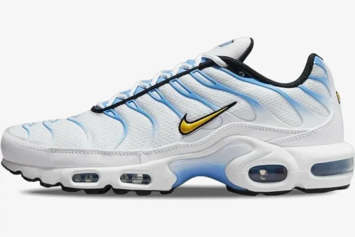 Side view of Nike Air Max Plus White University Blue sneakers featuring a yellow swoosh. - SKU DM0032-101