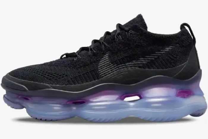 Side view of Nike Air Max Scorpion Flyknit sneakers in black with a translucent purple and blue bubble sole. - SKU DR0888-001