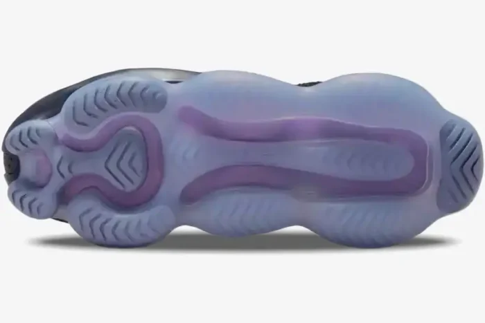 Bottom view of Nike Air Max Scorpion Flyknit in black and purple, showing the translucent bulbous sole. - SKU DR0888-001