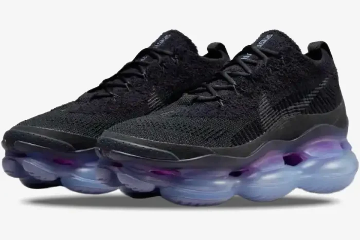 Nike Air Max Scorpion Flyknit in black and purple, three-quarter front view of a pair of shoes. - SKU DR0888-001