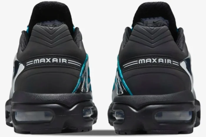 Rear view of Nike Air Max Tailwind 5 x Skepta Chrome Blue sneakers with black heels and Max Air branding. - SKU CQ8714-001