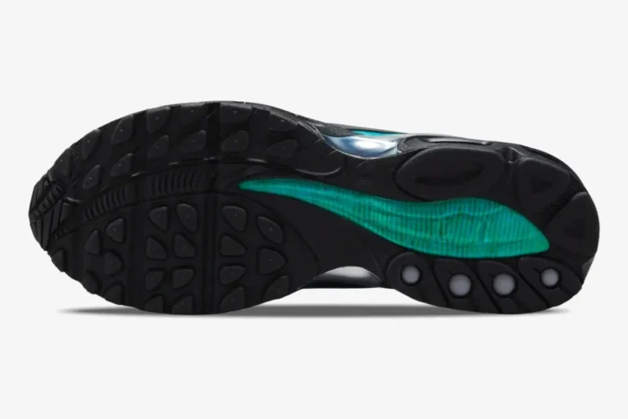 Bottom view of Nike Air Max Tailwind 5 x Skepta Chrome Blue outsole with black tread and teal shank. - SKU CQ8714-001
