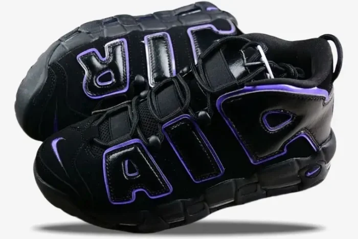 Nike Air More Uptempo '96 Action Grape sneakers in black and purple, shown from a three-quarter front angle. - SKU DV1879-001
