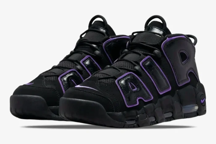 Black Nike Air More Uptempo '96 Action Grape sneakers with purple accents, three-quarter front view. - SKU DV1879-001